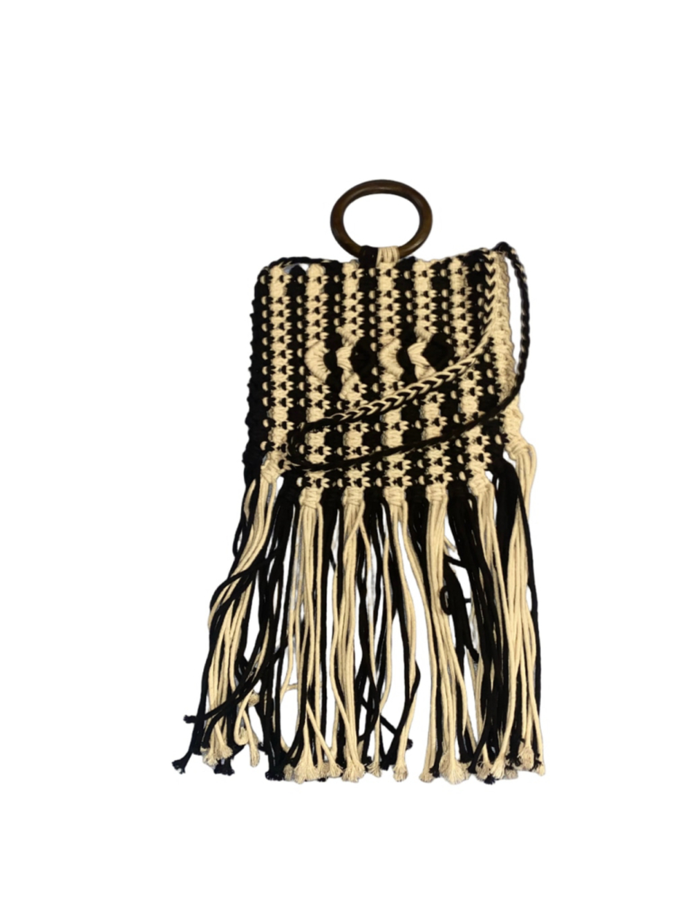Fifth & Luxe Macrame Black and Ivory Knit Bag Crossover or Wristlet Boho Fringe